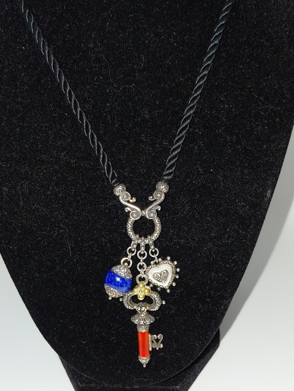 RARE Barbara Bixby SS Silver & 18k Gold Multi Charm Gemstone Key Clasp Necklace